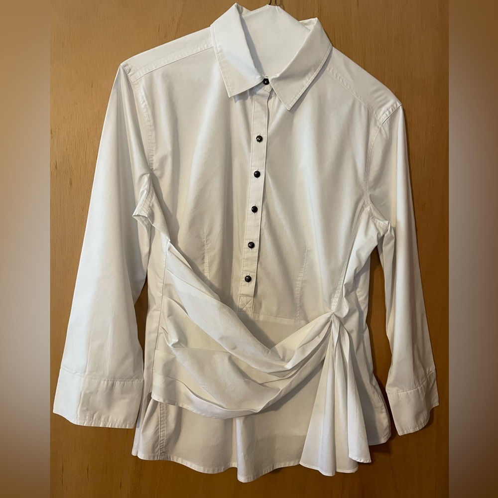 New York and Co, L, white blouse, with drape in front, EUC